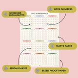 2027 Pastel Monthly grid wall planner with features highlighted: Moon phases, bleed-proof paper, matte paper, and highlighted weekends. 