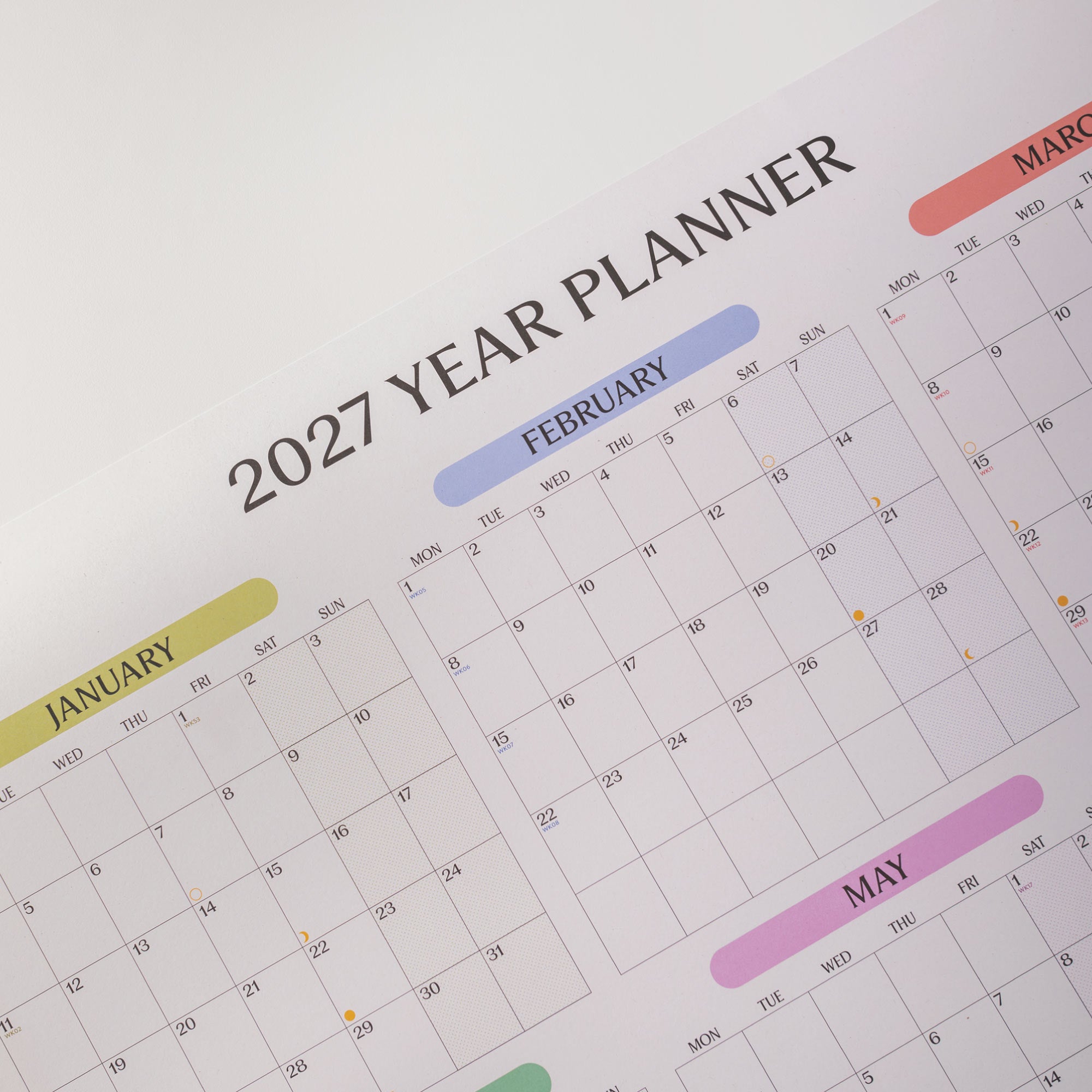 2027 Year Wall Planner showing February with dates highlighted.
