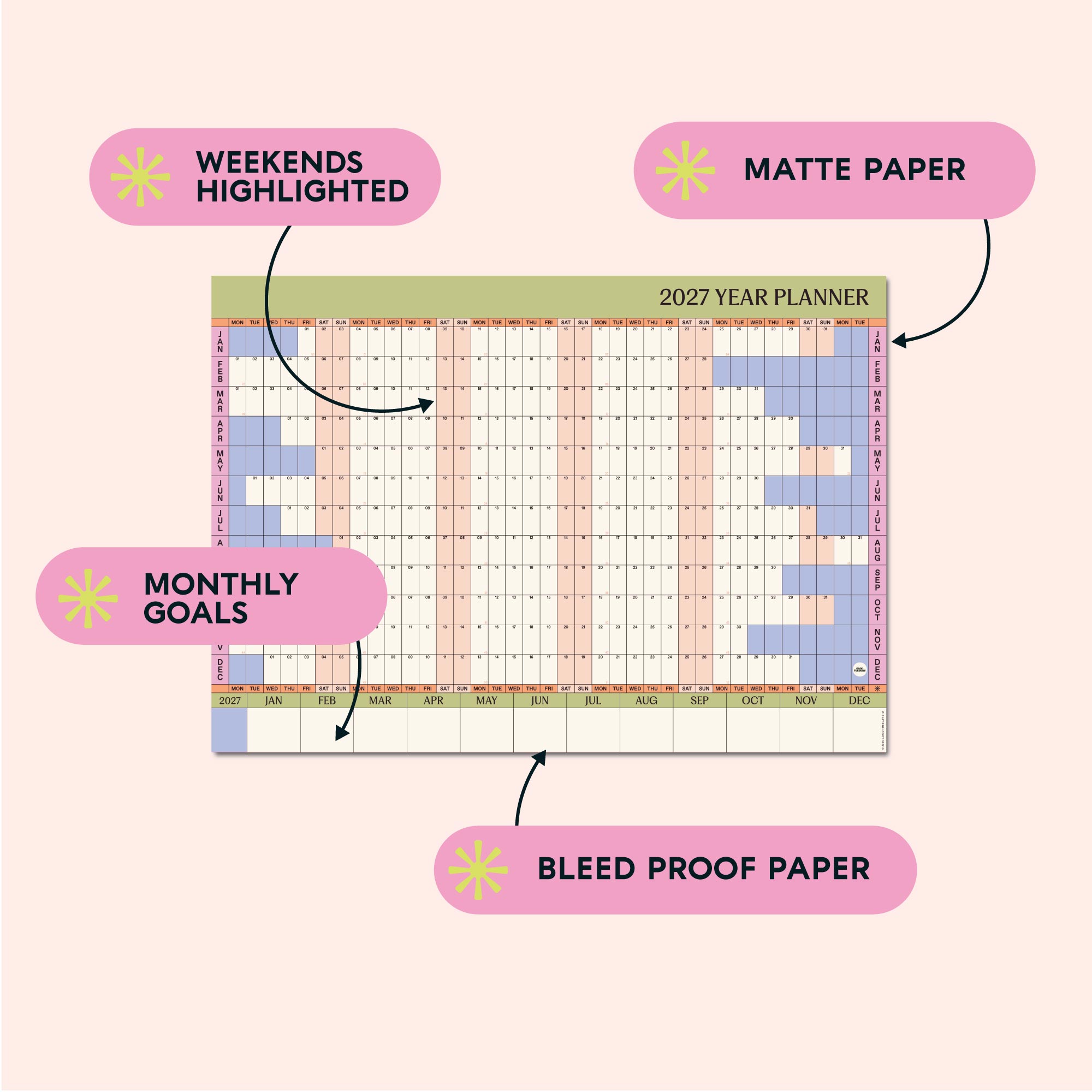 2027 Large A1 Wall Planner | Landscape | Pistachio & Peach