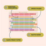 2027 year planner with highlighted weekends and moon phases on matte paper