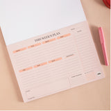 This weeks plan, 100gsm paper, 100% recycled paper - Monday to Sunday spaces, To do list, Important section, Notes and Habit tracker section.