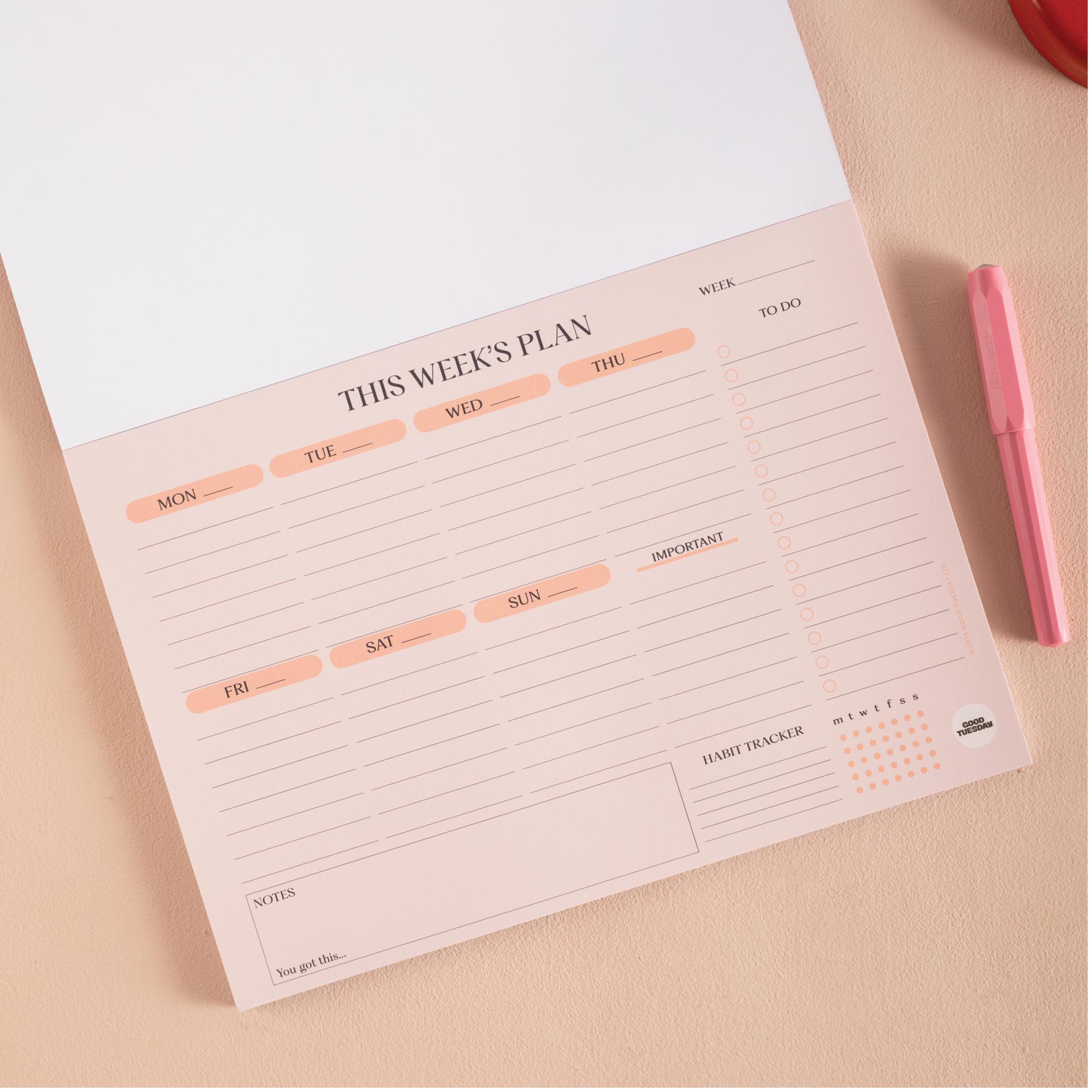 This weeks plan, 100gsm paper, 100% recycled paper - Monday to Sunday spaces, To do list, Important section, Notes and Habit tracker section.