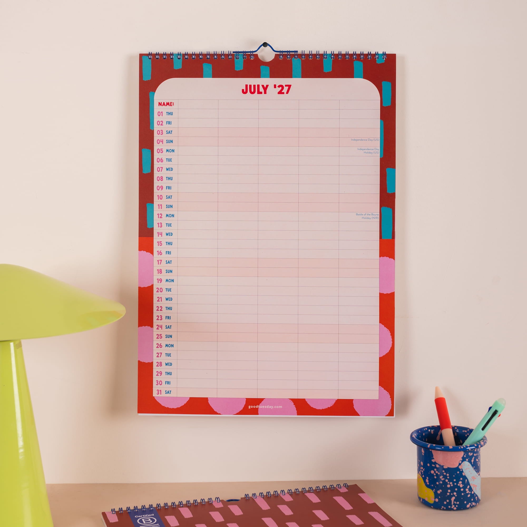 Month page of 2026–2027 family planner showing five columns for organising schedules