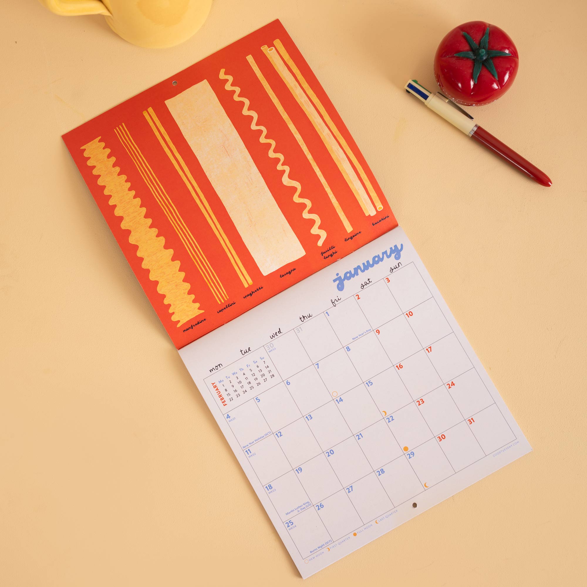 Love of Pasta wall calendar, month to view grid with illustrated pasta shapes