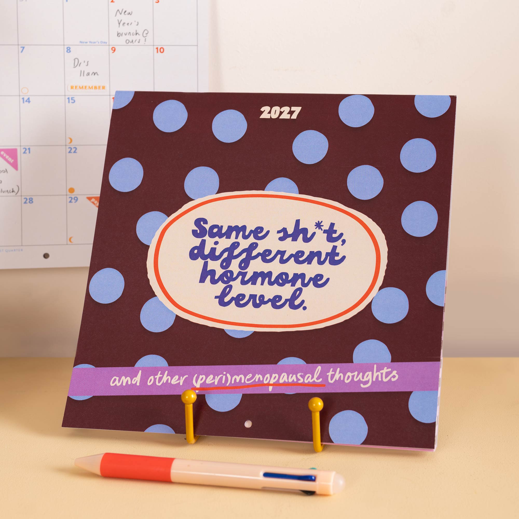 Perimenopausal Thoughts wall calendar, month to view grid with humour-led illustrations