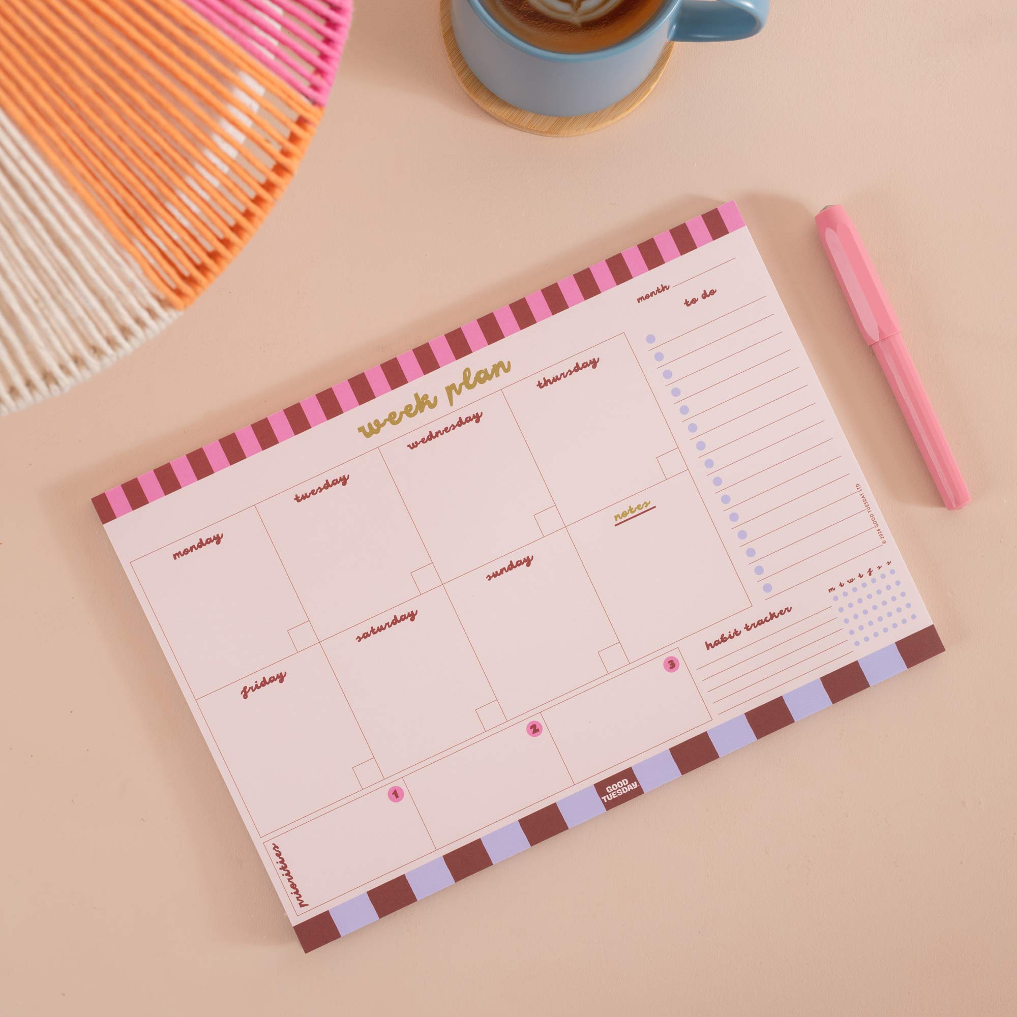 A4 Checks & Stripes Weekly Planner Pad, Monday to Sunday weekly view