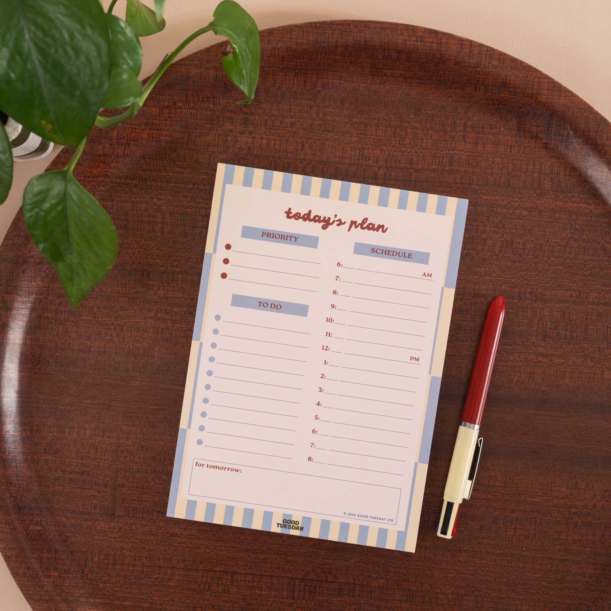 A5 Butter Blue Daily Planner Pad, hourly schedule with marked AM and PM