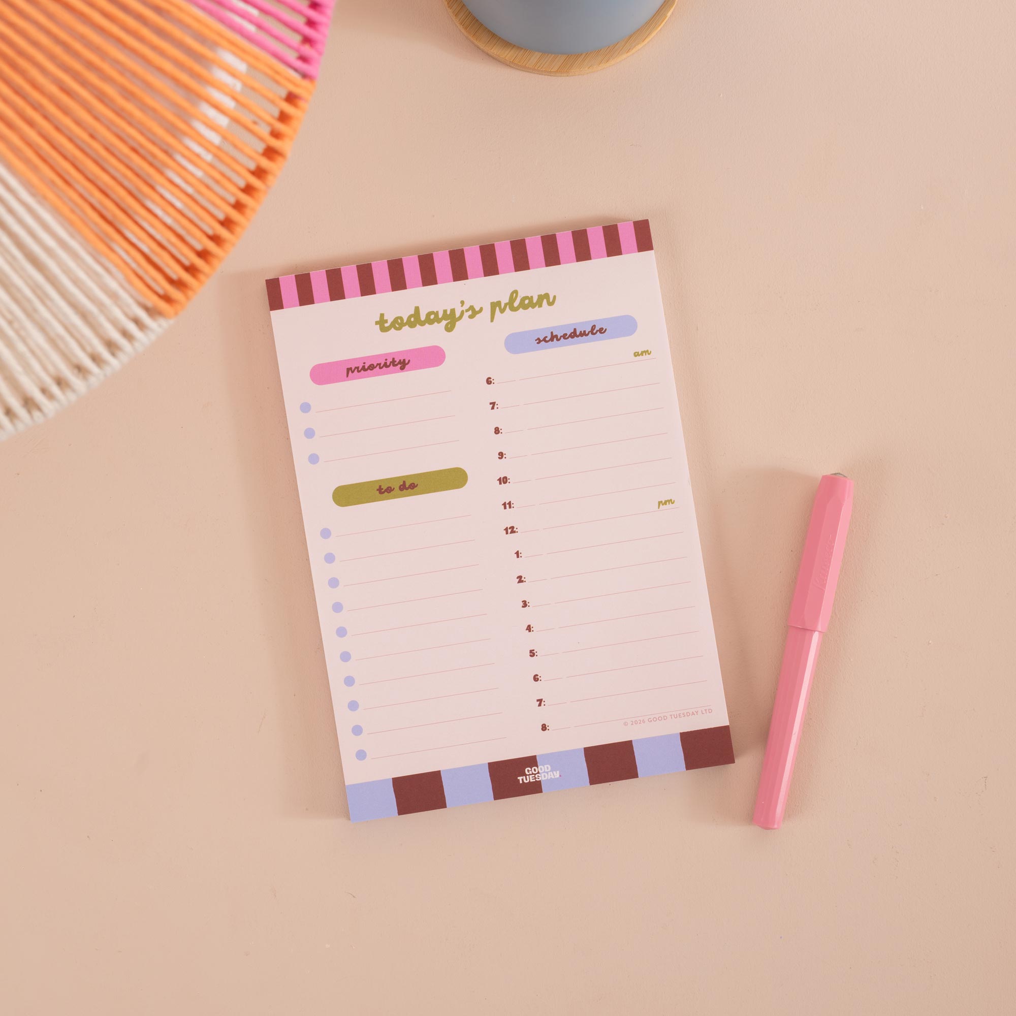 A5 Checks & Stripes Daily Planner Pad, hourly schedule with marked AM and PM