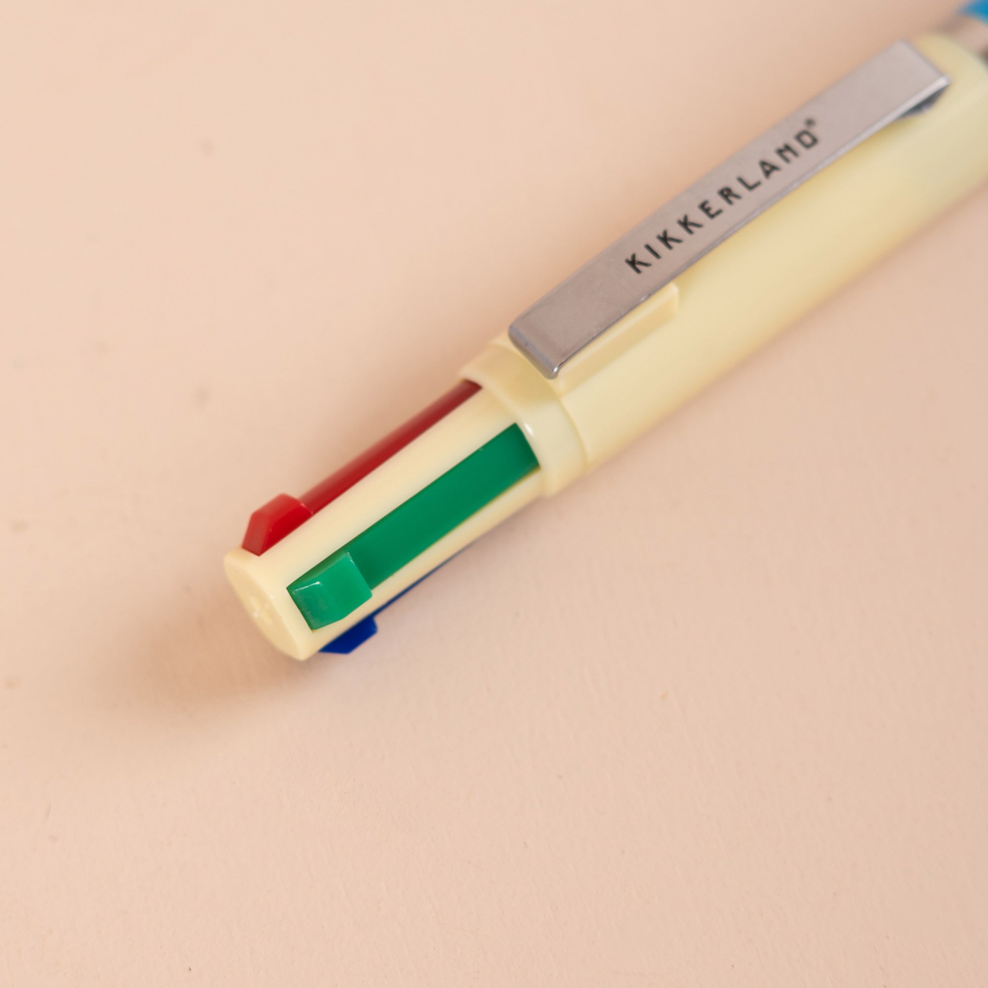 Click-action switching between ink colours, glossy barrel with chrome trim, in Blue