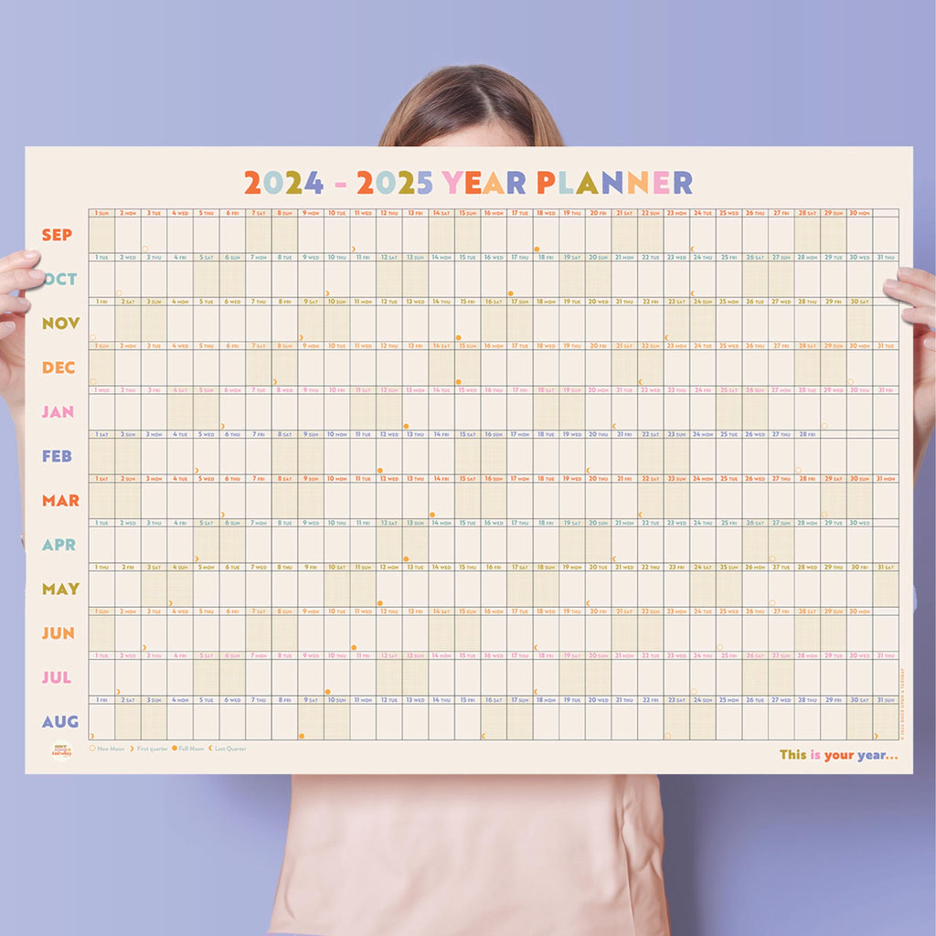 2024 - 2025 academic year wall planner. pastel planner. colourful calendar. 100% recycled paper. made in the UK.