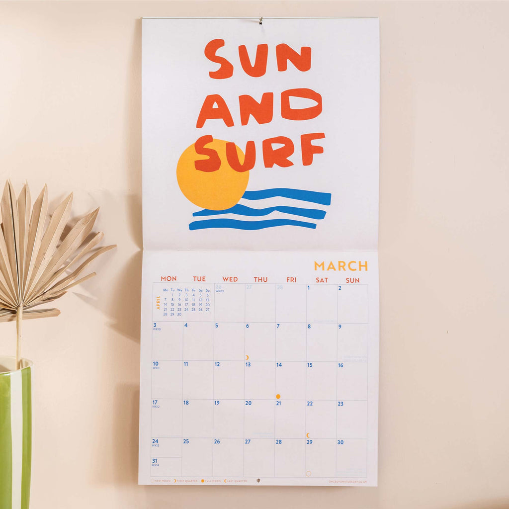 Beach Club Calendar. 2025 large square calendar. Art planner. illustrated calendar. 100% recycled paper. Made in the UK.