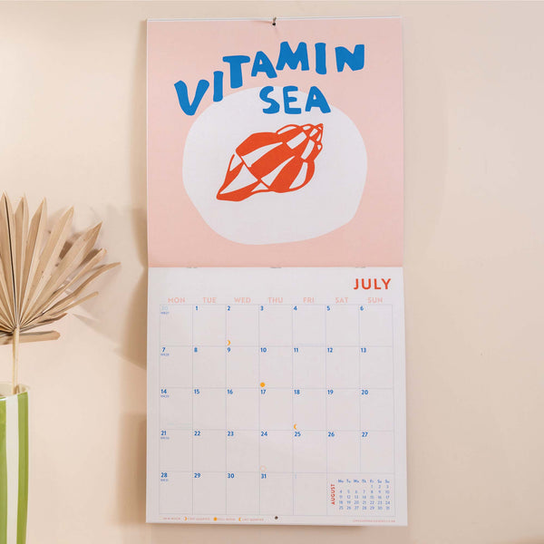 Beach Club Calendar. 2025 large square calendar. Art planner. illustrated calendar. 100% recycled paper. Made in the UK.