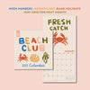 Beach Club Calendar. 2025 large square calendar. Art planner. illustrated calendar. 100% recycled paper. Made in the UK.