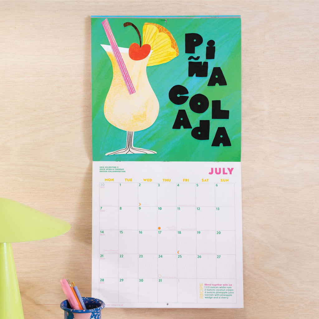 Cocktail Calendar. 2025 large square calendar. Art planner. illustrated calendar. 100% recycled paper. Made in the UK.