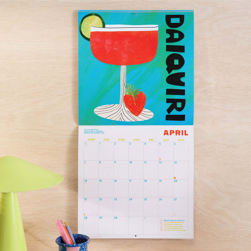 Cocktail Calendar. 2025 large square calendar. Art planner. illustrated calendar. 100% recycled paper. Made in the UK.