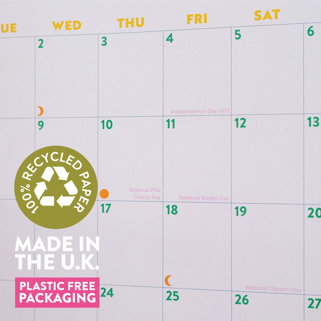 Cocktail Calendar. 2025 large square calendar. Art planner. illustrated calendar. 100% recycled paper. Made in the UK.