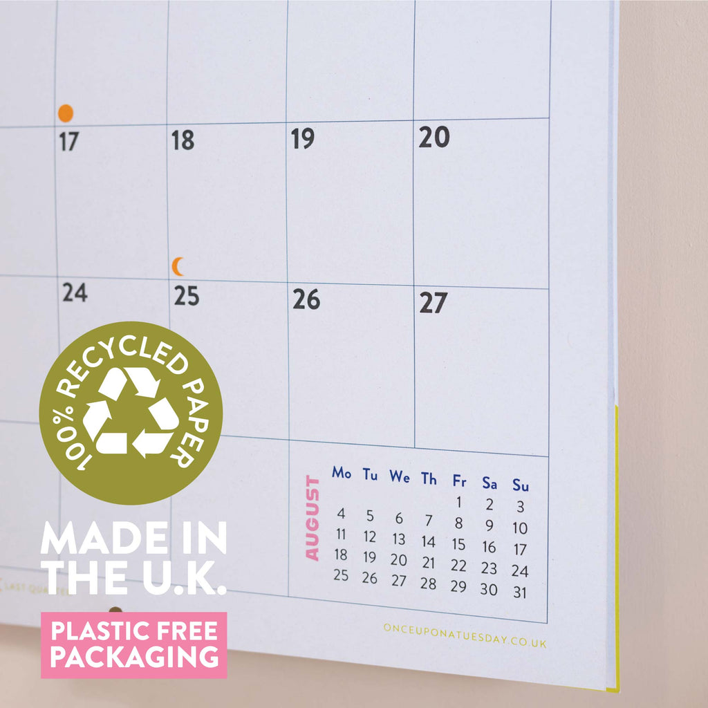 2025 large square calendar. Art planner. illustrated calendar. 100% recycled paper. Made in the UK.