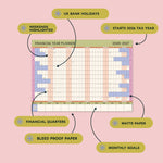 UK bank holidays, 2026 Fiscal year, weekends highlighted, financial quarters, matte bleed proof paper, monthly goals space