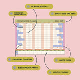 UK bank holidays, 2026 Fiscal year, weekends highlighted, financial quarters, matte bleed proof paper, monthly goals space