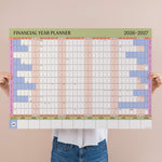 Financial year wall planner in pastel, landscape, A1, runs from April 2026 to March 2027