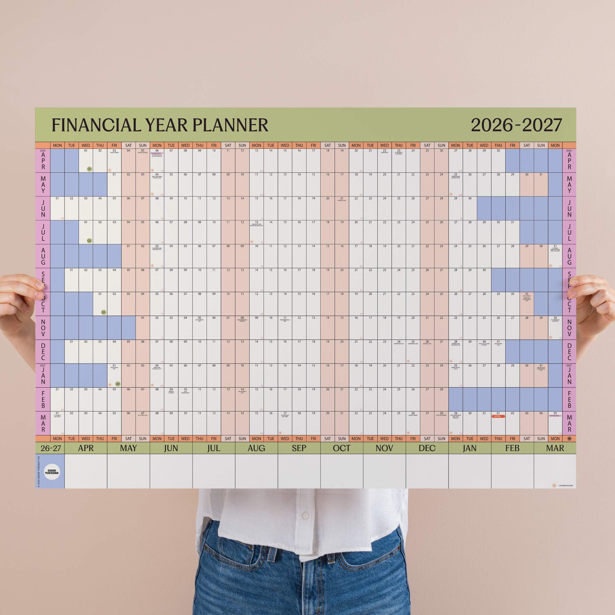 Financial year wall planner in pastel, landscape, A1, runs from April 2026 to March 2027