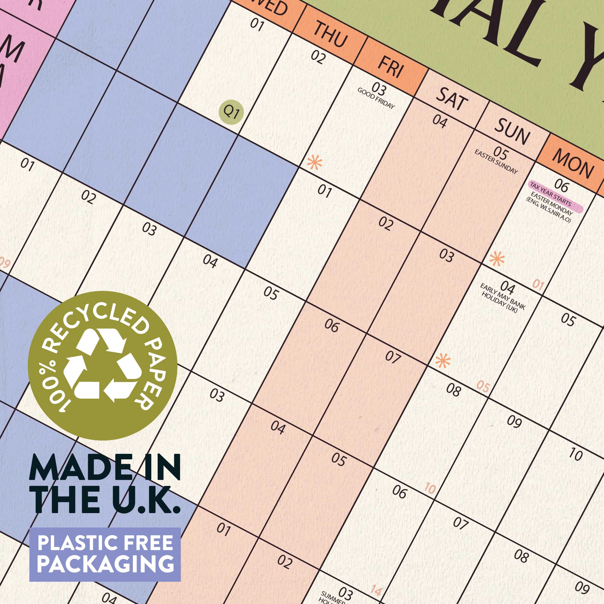 100 % recycled paper, made in the UK and plastic free packaging.