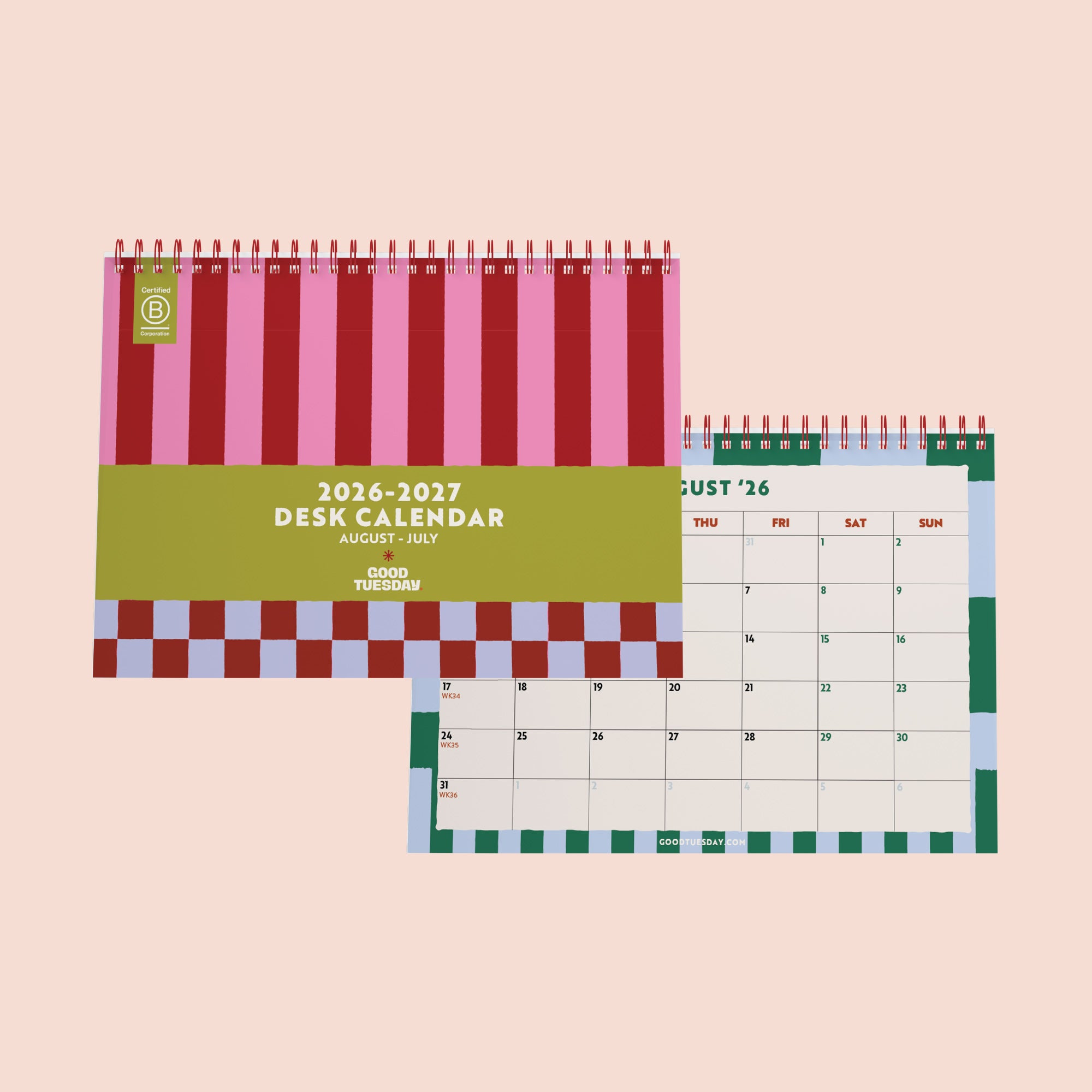 2026 - 2027 Academic year Desk Calendar. August to July. Checks and Stripes Design.