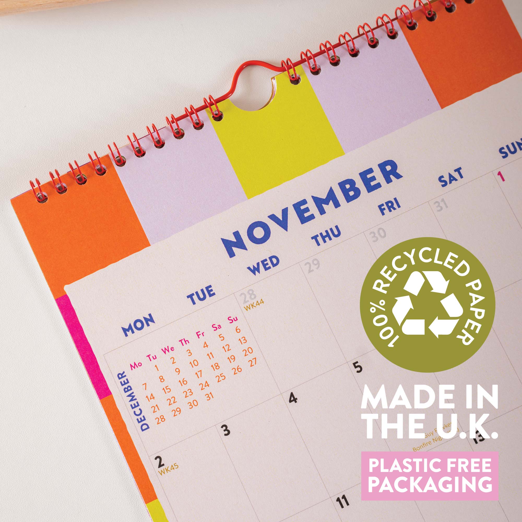 Good Tuesday A4 2026 calendar, in a joyful, maximalist design, 100% recycled paper, made in the UK and plastic free packaging