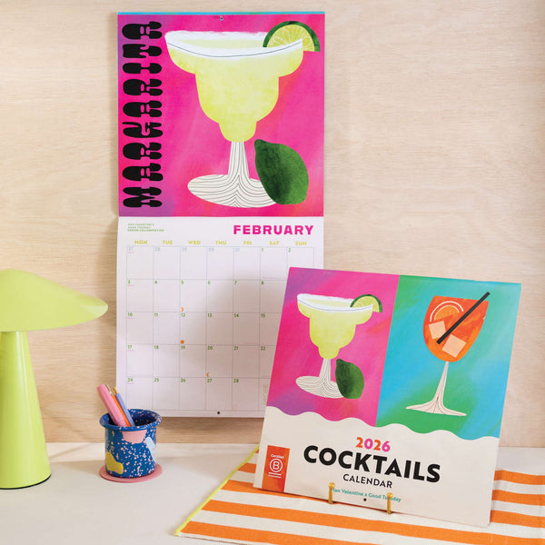 Front cover of 2026 large art calendar - cocktails design with illustrations and matching recipes throughout. Printed on 100% recycled paper.
