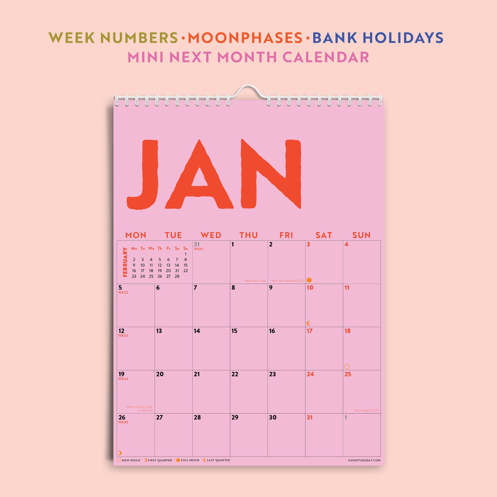 Good Tuesday 2026 A4 Colourburst calendar, bold colours, 12 months January to December, Week Numbers, Moon Phases, Bank Holidays, Mini Next month Calendar