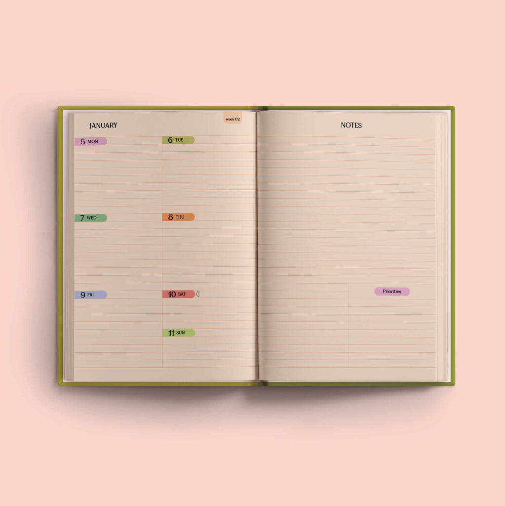 An open 2026 diary showing a weekly spread. The left page displays individual days with their dates, while the right page is dedicated to "NOTES" and "Priorities."