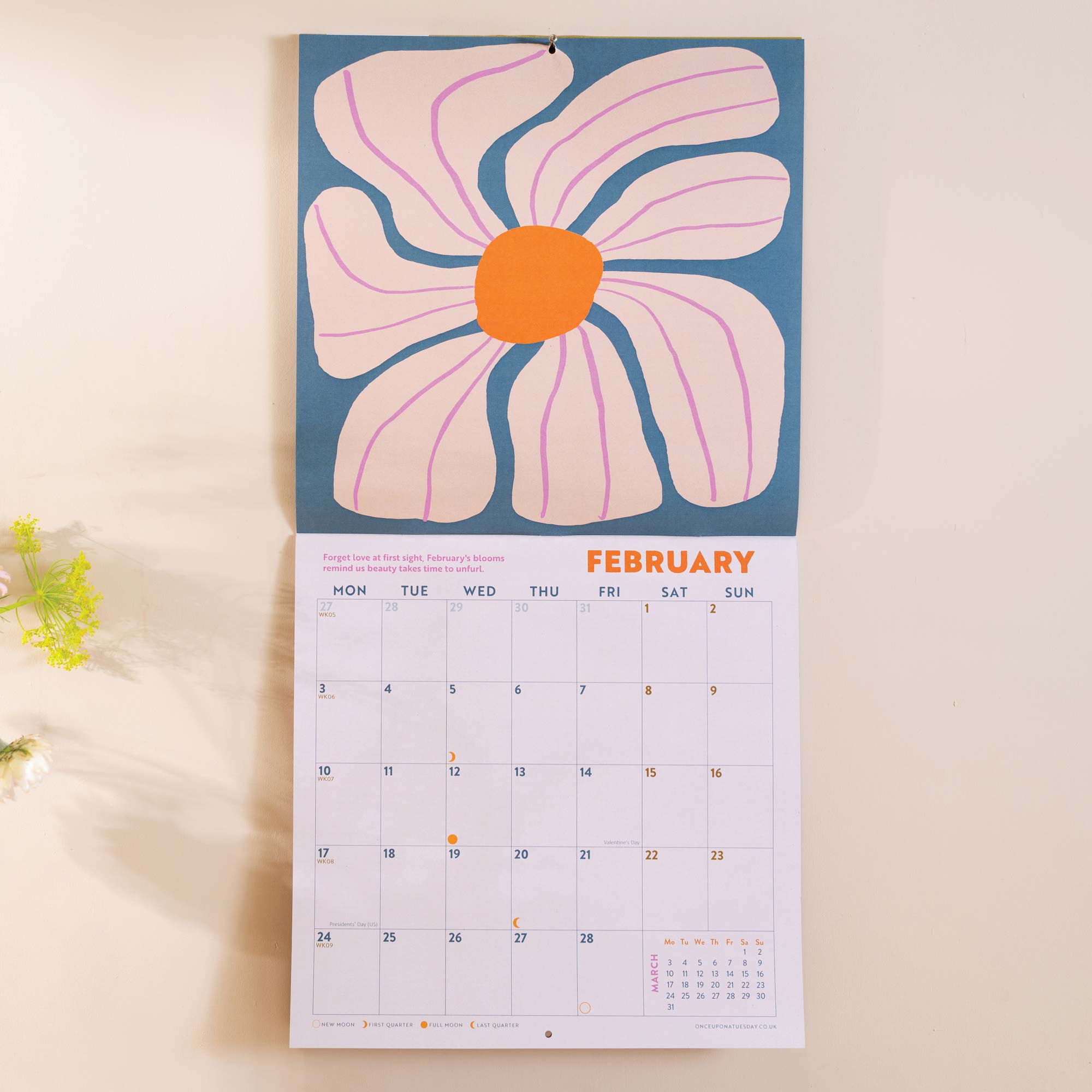 Inside the Les Fleurs 2026 calendar. Large monthly grid with week numbers, bank holidays, and lunar phases.