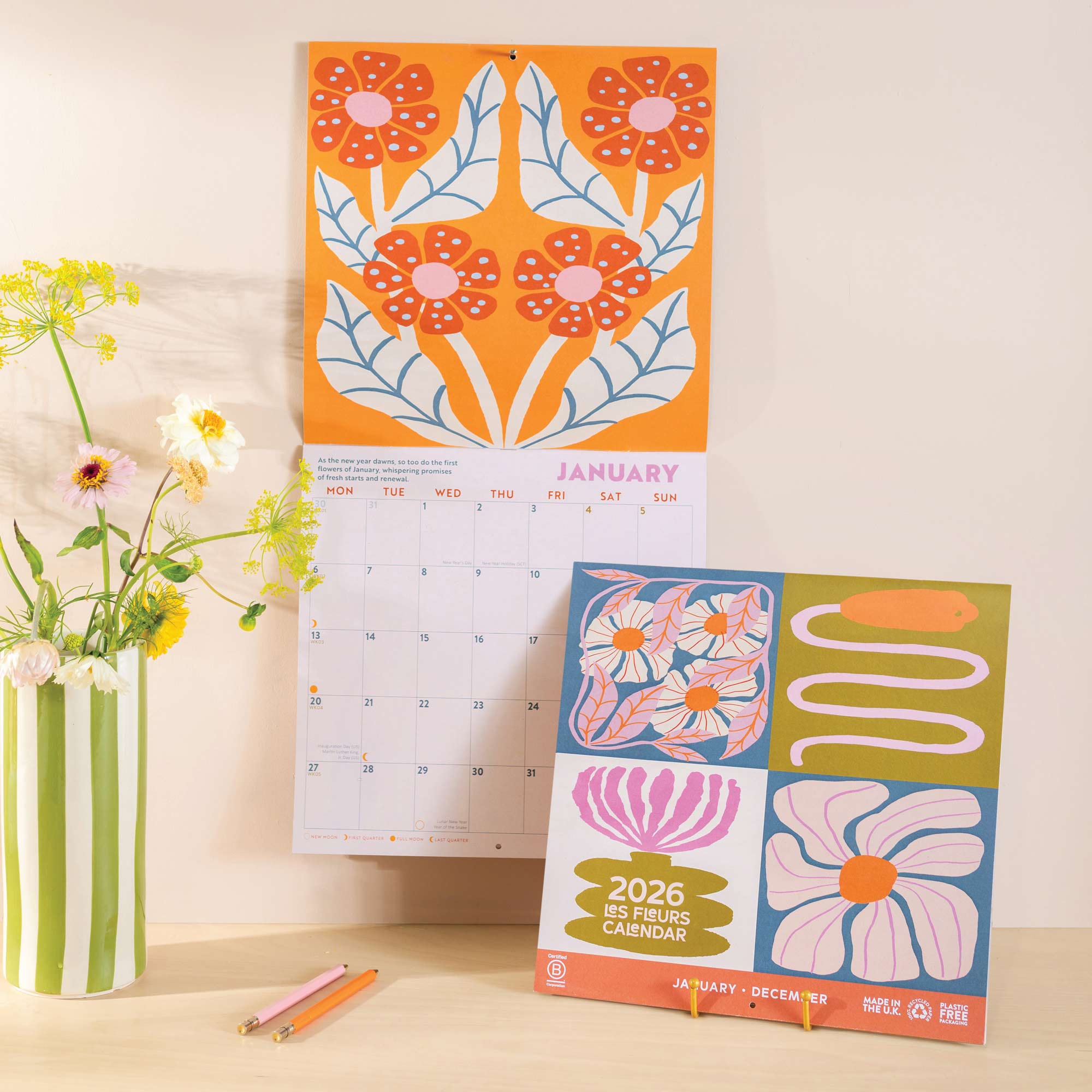 Front cover of 2026 large art calendar - les fleurs design with abstract floral designs throughout. Printed on 100% recycled paper.