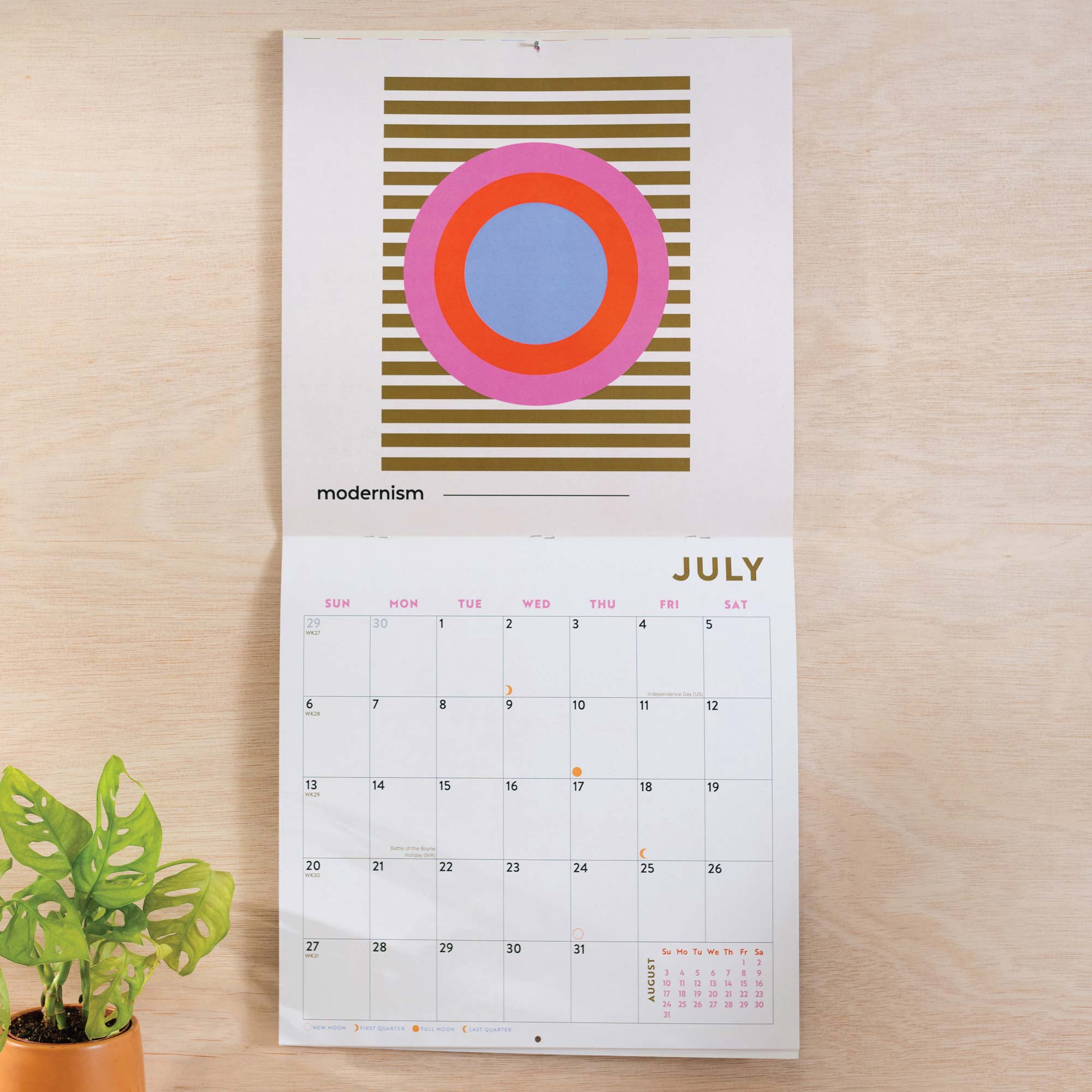 Inside the Modernist 2026 calendar. Large monthly grid with week numbers, bank holidays, and lunar phases.
