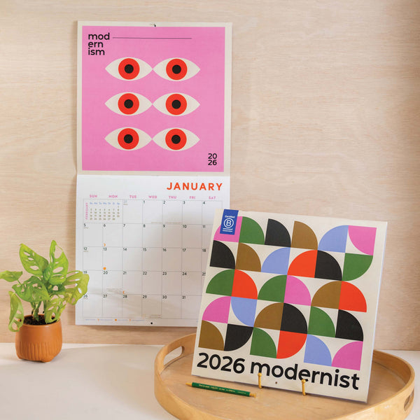Front cover of 2026 large modern art calendar - modernist design with abstract prints designs throughout. Printed on 100% recycled paper.