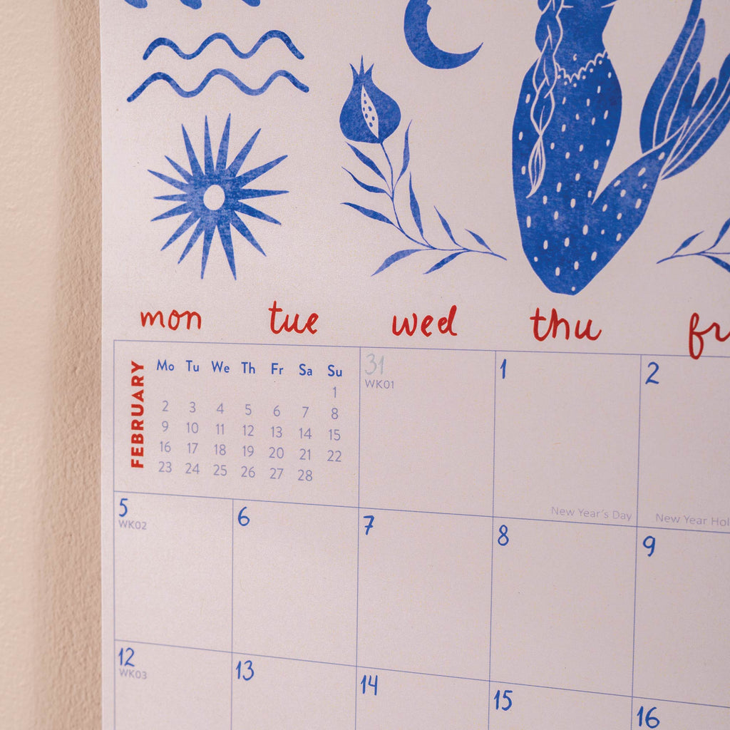 Creative 2026 Calendar with mermaid illustrations. Made in the UK.