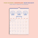 Creative 2026 Calendar with mermaid illustrations. Made in the UK. Week Numbers, Moonphases, Bank Holidays. Mini Next Month Calendar.