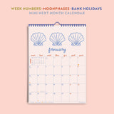 Creative 2026 Calendar with mermaid illustrations. Made in the UK. Week Numbers, Moonphases, Bank Holidays. Mini Next Month Calendar.