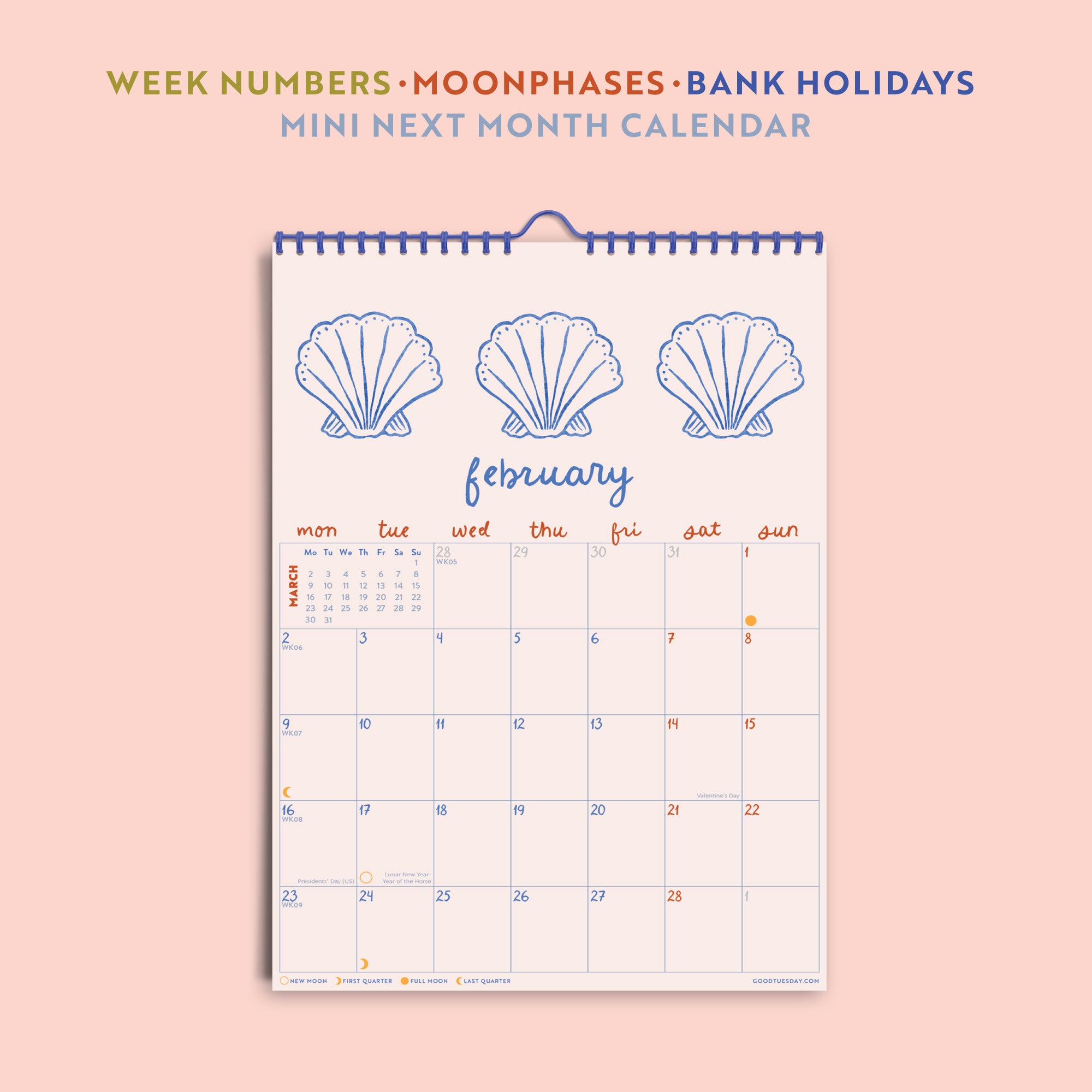 Creative 2026 Calendar with mermaid illustrations. Made in the UK. Week Numbers, Moonphases, Bank Holidays. Mini Next Month Calendar.