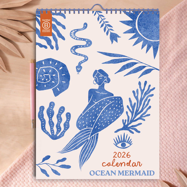 Ocean Art Calendar 2026 Mermaid in Blue stamped Riso style 