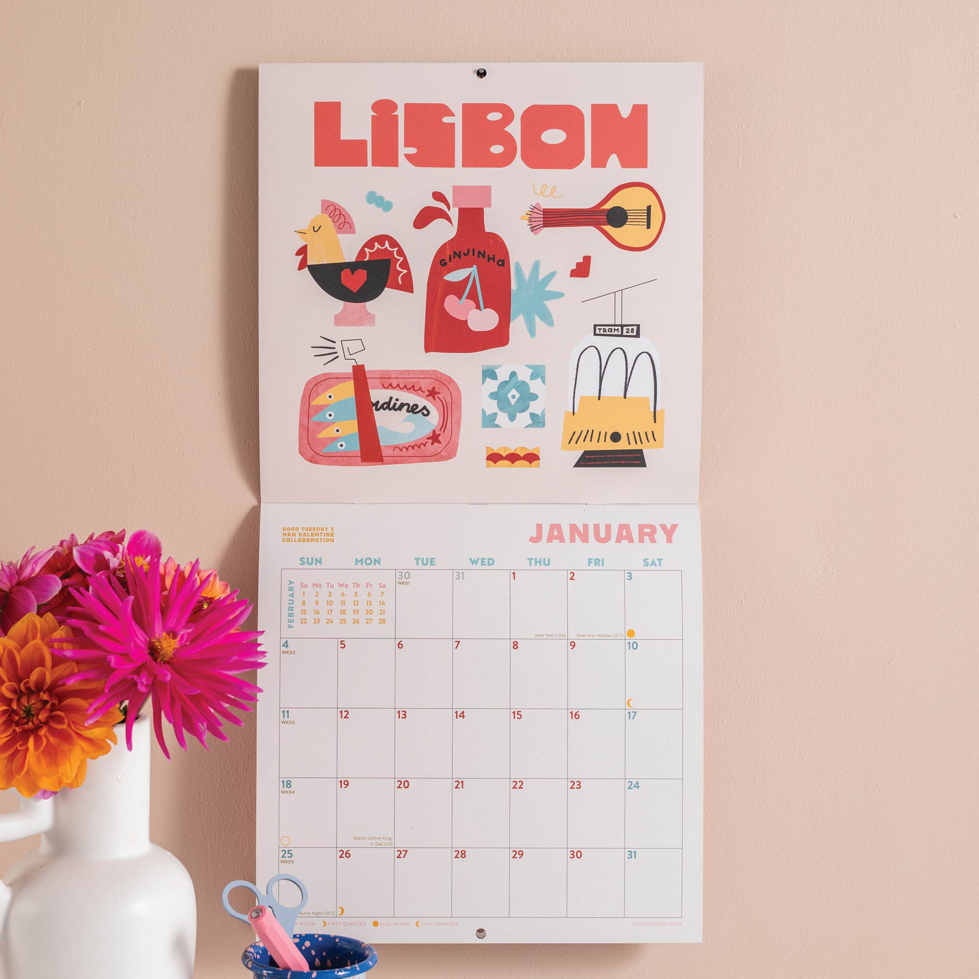 Good Tuesday 2026 travel calendar, bold, fun and playful illustrations by Han Valentine 