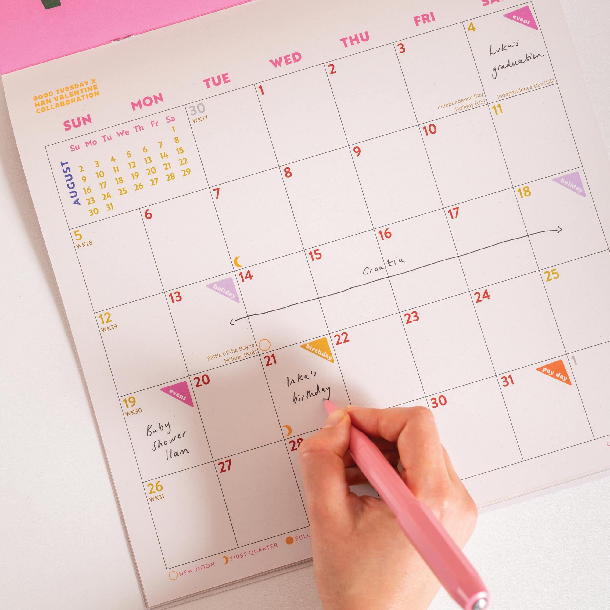 Good Tuesday 2026 calendar, Travel inspired illustrations by Han Valentine, generous boxes for writing, Sunday week start