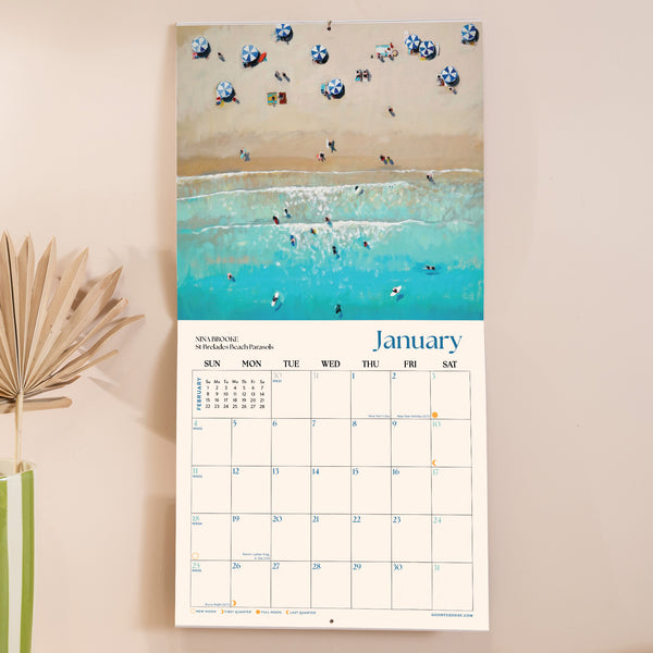 Inside of the Ocean Aerials 2026 calendar, showing the planner in use. Large monthly grid with week numbers, bank holidays, and lunar phases.