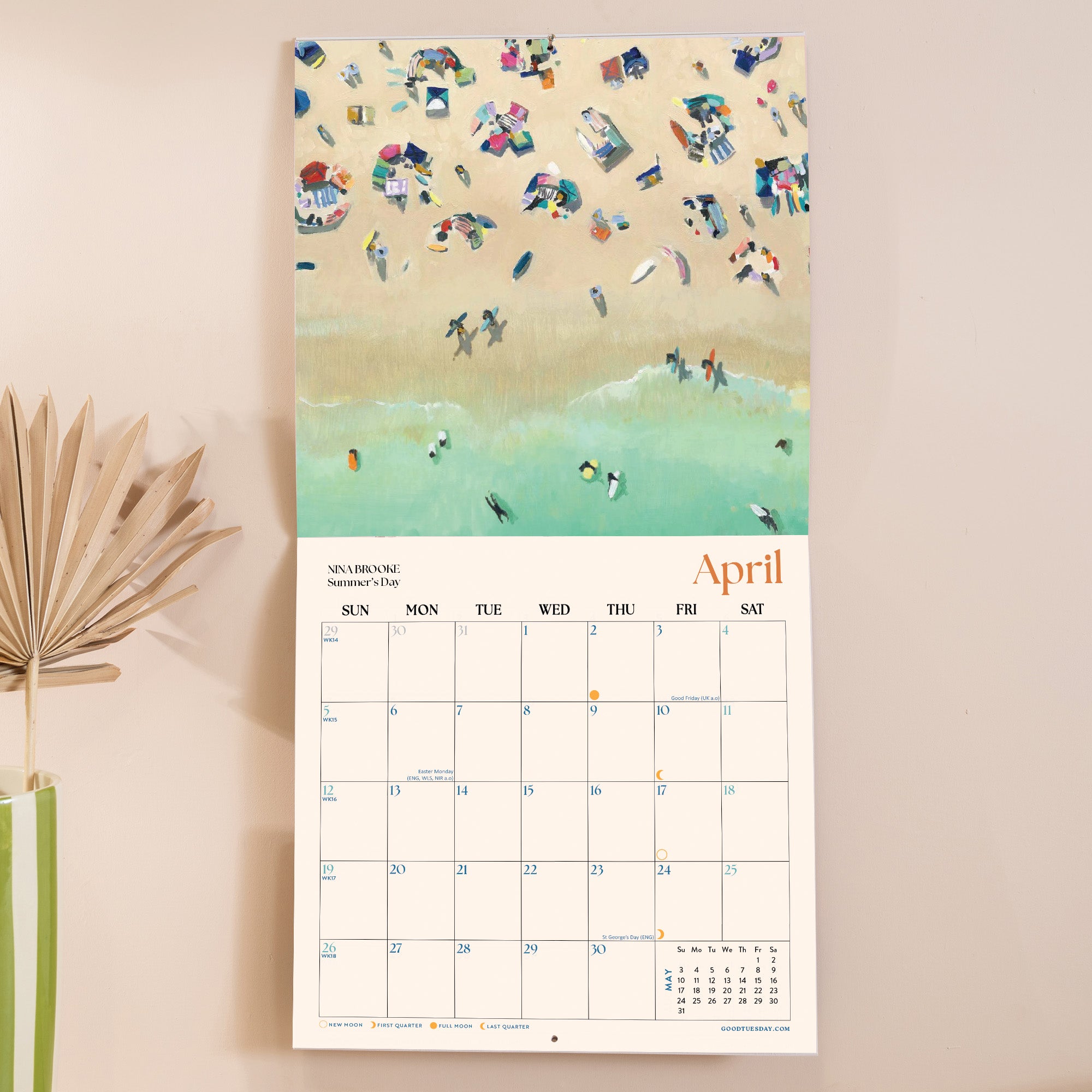 Inside of the Ocean Aerials 2026 calendar, showing the planner in use. Large monthly grid with week numbers, bank holidays, and lunar phases.