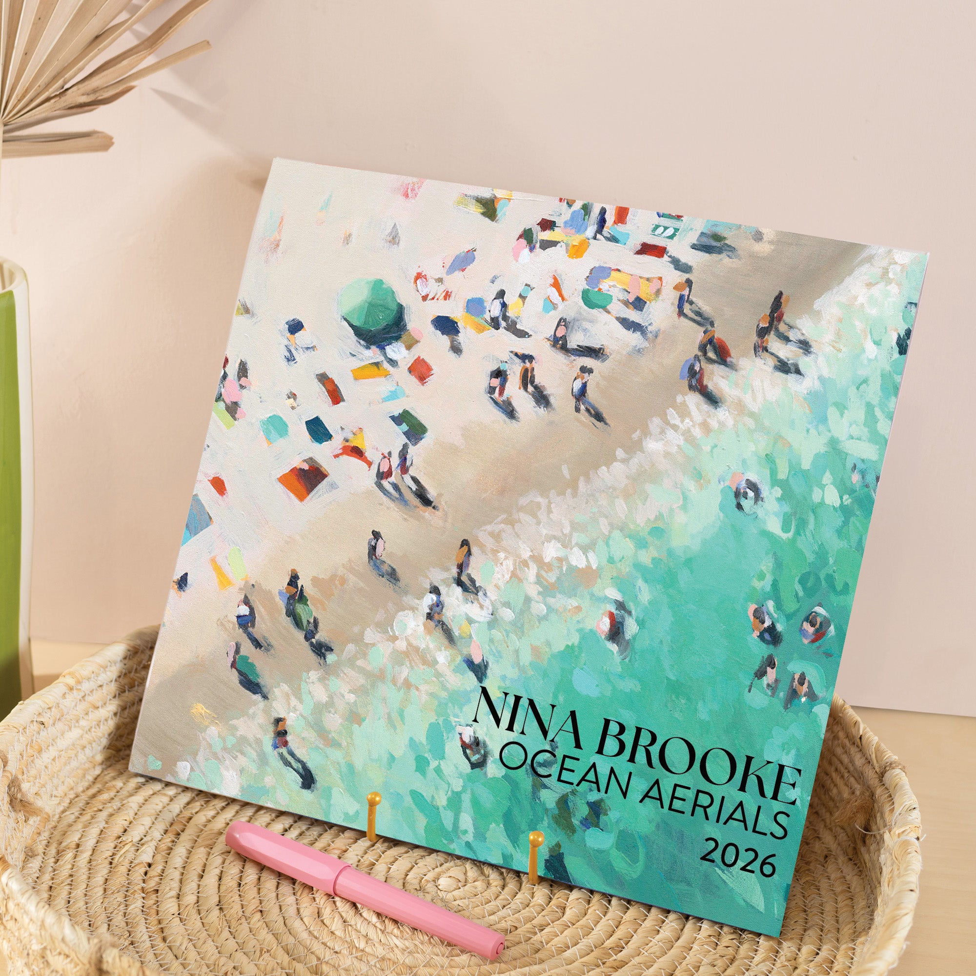 Front cover of 2026 large art calendar - ocean aerials design with illustrations throughout. Printed on 100% recycled paper.