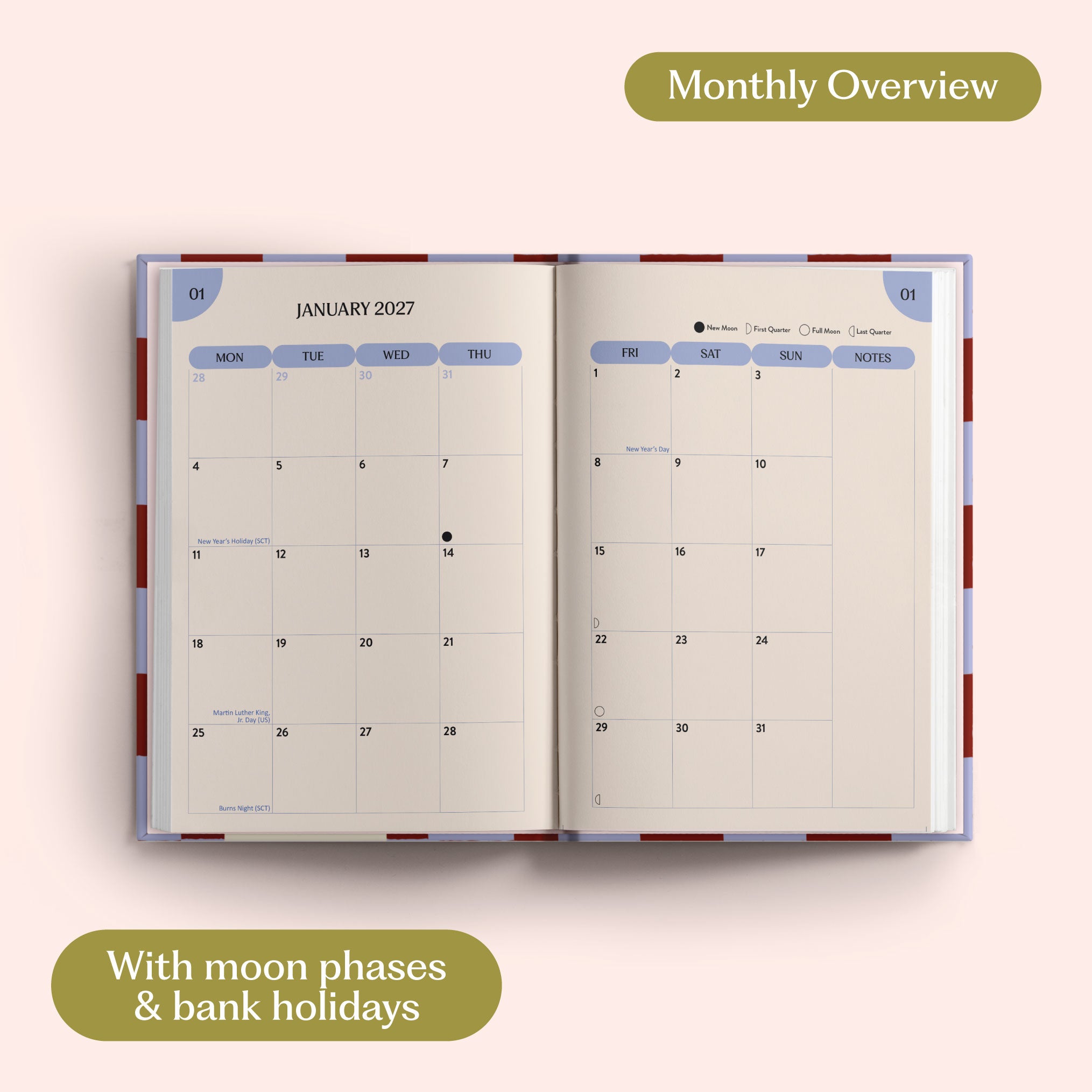 Open planner showing month-to-view January 2027 with moon phases and bank holidays on a pink background.