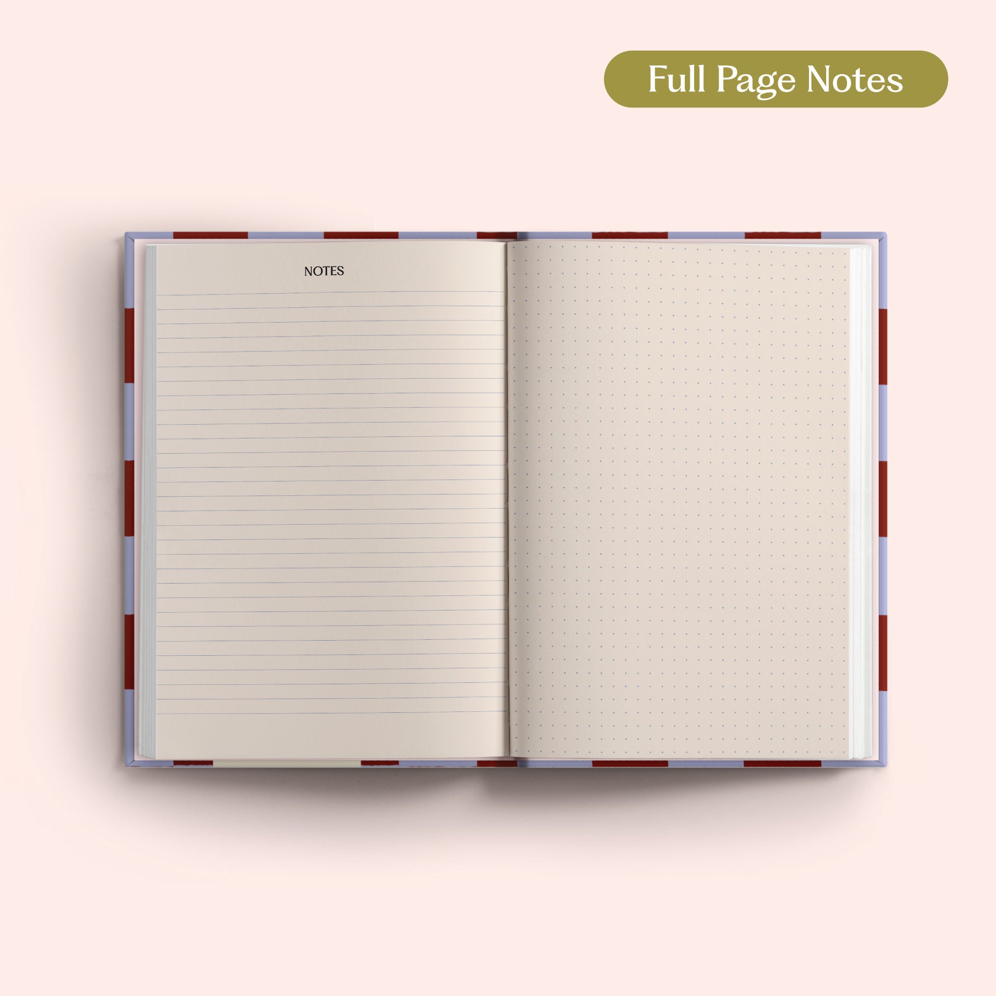 Open 2027 Diary with lined and dotted pages on a pink background.