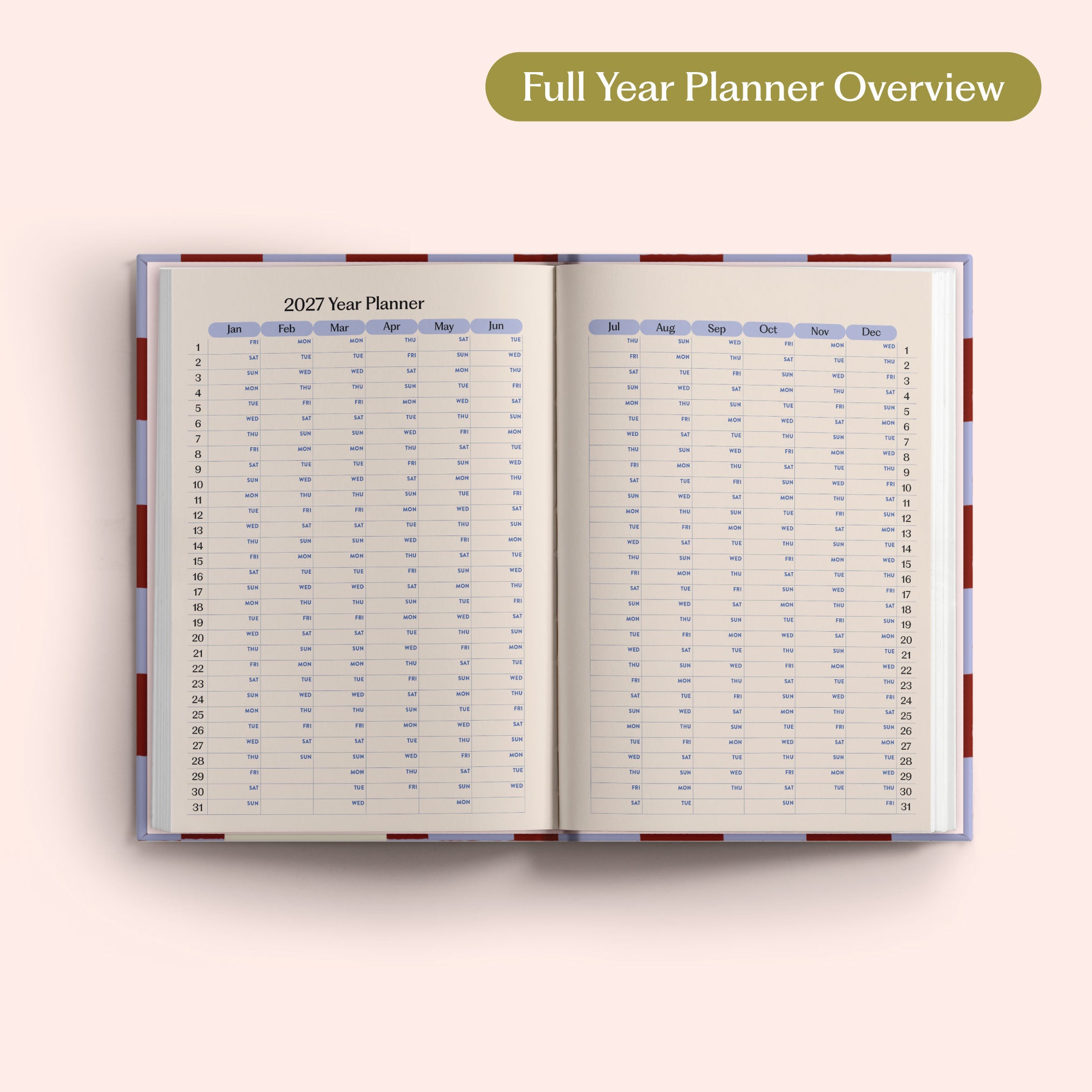 Open the 2027 Full Year Planner Overview on a pink background. Yearly Diary. Recycled paper.