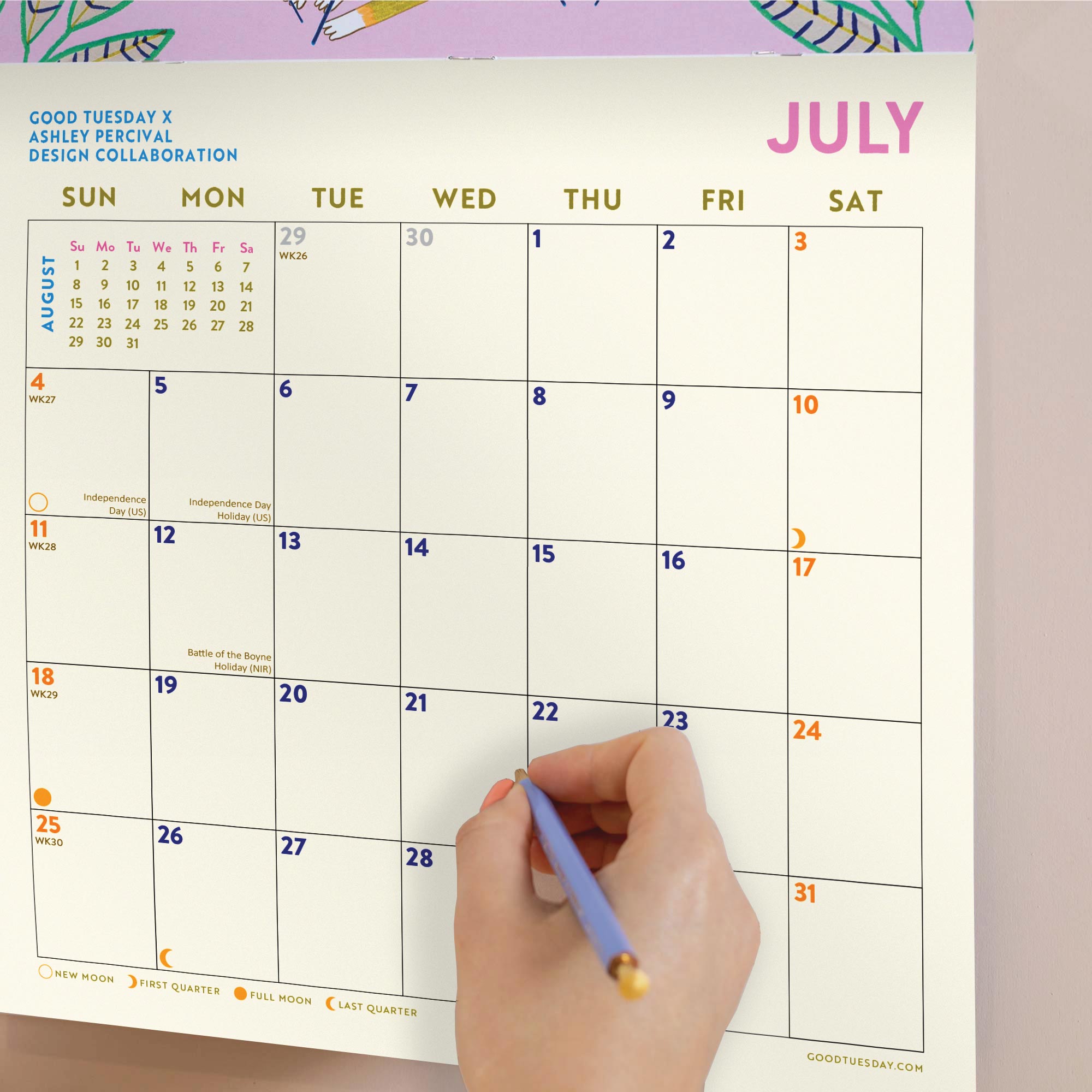 2027 wall calendar printed on recycled paper with made in UK and plastic free packaging badges