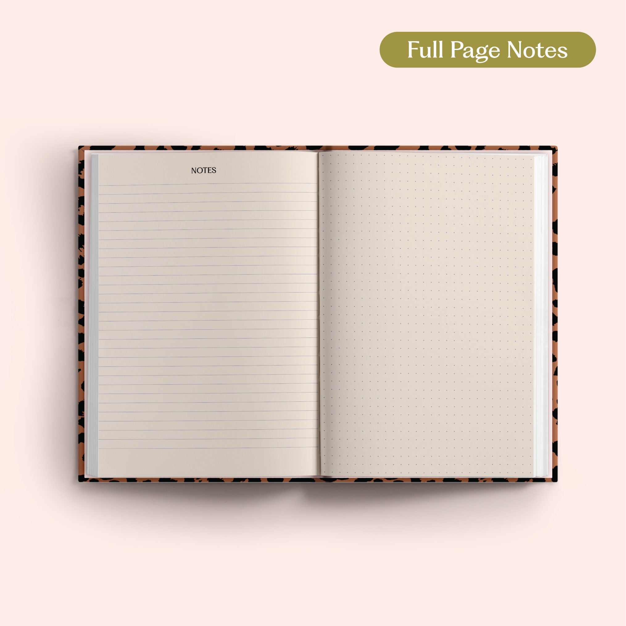 Open 2027 Diary with lined and dotted pages on a pink background.